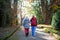 Rear view of senior woman with caregiver outdoors on a walk in park, coronavirus concept.