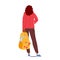 Rear View Of Teenage Girl Student Standing With A Backpack In Hand. Concept Of Youth And Academic Pursuits