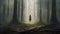 Rear view to the Young woman standing in the dark forest with foggy background, digital painting. Halloween concept. Mysterious