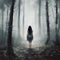 Rear view to the Young woman standing in the dark forest with foggy background, digital painting. Halloween concept. Mysterious