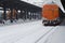 Rear view of train in railway station in winter time