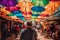 Rear View Of A Traveler Strolling Through The Busy Street Market Under Colorful Umbrellas - Generative AI
