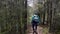 Rear view of traveler walking down forest path. Stock footage. Traveler with backpack and in raincoat goes on bumpy path