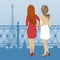 Rear view of two women standing on embankment and look at the Eiffel Tower in Paris