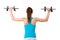 Rear view of woman lifting weights.