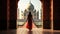 Rear view of woman looking at Taj Mahal, The magnificent Taj Mahal in India shows its full splendor at a glorious sunrise