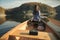 Rear view of woman paddling canoe