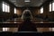 Rear view of a woman sitting in an empty room at the international court, A woman rear view testifying in a courtroom, AI