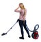 Rear view of a woman with a vacuum cleaner.