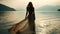 Rear view woman wearing long flowing beautiful dress in water, Moody melancholic