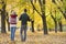 Rear view of young couple walking in park during autumn