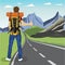 Rear view of young man doing hitchhiking on road in mountains
