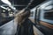 Rear view at young woman at train station with fast moving trains, created with generative AI