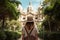 Rear view of a young woman wearing a straw hat and a white T-shirt is standing in front of the Notre Dame de Paris, France, Female