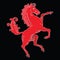 Rearing up red horse silhouette heraldic symbol on black background