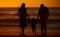 Rearview cute mixed race girl standing hand in hand with her mom and dad in the sea at the beach. A young couple and