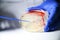 Reasercher picking up colony of a red bacterial culture from agar plate using blue stick in a molecular biology laboratory for the