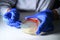 Reasercher picking up colony of a red bacterial culture from agar plate wearing blue gloves in a molecular biology laboratory for