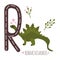 Rebbachisaurus.Letter R with reptile name.Hand drawn cute herbivores dinosaur.Educational prehistoric illustration.Dino alphabet.