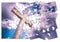 Rebuild our faith or losing faith - Christian cross against a cloudy sky - concept image in jigsaw puzzle shape