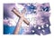 Rebuild our faith or losing faith - Christian cross against a cloudy sky - concept image in jigsaw puzzle shape