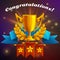 Receiving the cartoon achievement game screen. Vector illustration with golden cup.