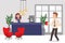 Reception desk in business office, man and woman employees, people vector illustration