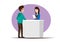 The receptionist works to provide information services to customers in front of the company counter. Vector flat style