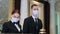 Receptionists wearing medical mask in hotel. Protection employees on workplace