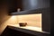 Recessed cream shelf with ambient light in modern bathroom with copy space for design, AI generated