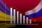 recession chart and the national flags of Russia and Ukraine on a red background.