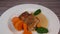 Recipe for baked lamb shoulder with watercress mashed, sweet potato and carrot, pepper sauce, cognac and fresh cream