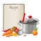 Recipe card. Kitchen note blank template vector illustration. Cooking notepad on table with kitchenware and vegetables
