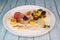 Recipe of cod steak, mashed potatoes and its farandole of vegetables, parsnip, turnip, broccoli, candied potato