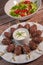 Recipe of kefta, beef skewer, Traditional homemade, with Greek yoghurt sauce, garlic, savory, Arabic and Libanese food