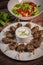 Recipe of kefta, beef skewer, Traditional homemade, with Greek yoghurt sauce, garlic, savory, Arabic and Libanese food