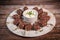 Recipe of kefta, beef skewer, Traditional homemade, with Greek yoghurt sauce, garlic, savory, Arabic and Libanese food