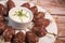 Recipe of kefta, beef skewer, Traditional homemade, with Greek yoghurt sauce, garlic, savory, Arabic and Libanese food