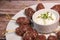 Recipe of kefta, beef skewer, Traditional homemade, with Greek yoghurt sauce, garlic, savory, Arabic and Libanese food