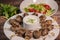 Recipe of kefta, beef skewer, Traditional homemade, with Greek yoghurt sauce, garlic, savory, Arabic and Libanese food