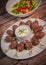 Recipe of kefta, beef skewer, Traditional homemade, with Greek yoghurt sauce, garlic, savory, Arabic and Libanese food