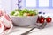 Recipe step by step arugula salad with blue window