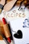 Recipes with note book and heart blackboard