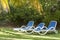 Reclining chairs on grass garden with palm trees in Cuba