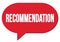 RECOMMENDATION text written in a red speech bubble