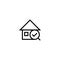 Recommended house search icon. home with magnifying glass and okay check symbol. simple clean thin outline style design.
