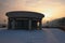 Reconstruction of the area near the river port in Kyiv. Typical modern architecture, sunrise on winter morning.