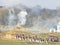 Reconstruction of the battle of Borodino. The troops of 1812 are fighting on the battlefield. Details and close-up.