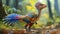 A reconstruction of a feathered dinosaur with vividly colored feathers highlighting the link between dinosaurs and