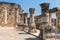 Reconstruction of the ruins of the White Synagogue where Jesus preached at Capernaum, Kfar Nahum, Capharnaum in Israel